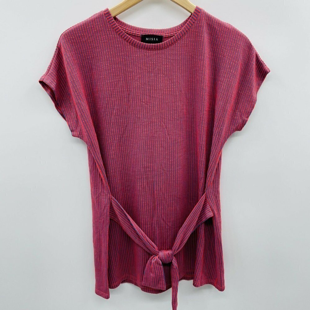 Misia Fashion Womens Size Small Short Sleeve Striped Knit Top with Belt Red 1239